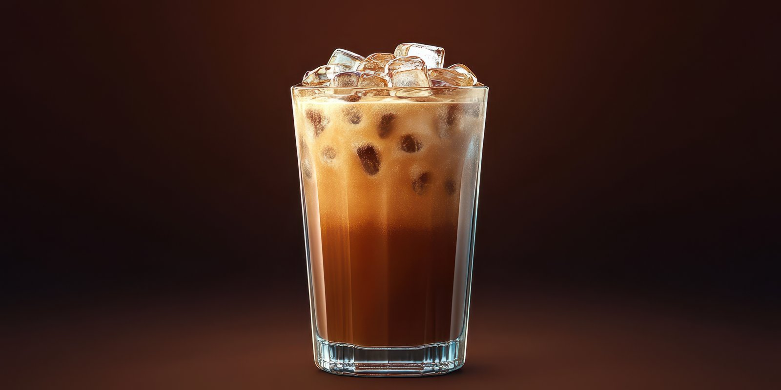 Iced coffee with ice cubes in a clear glass against a dark background